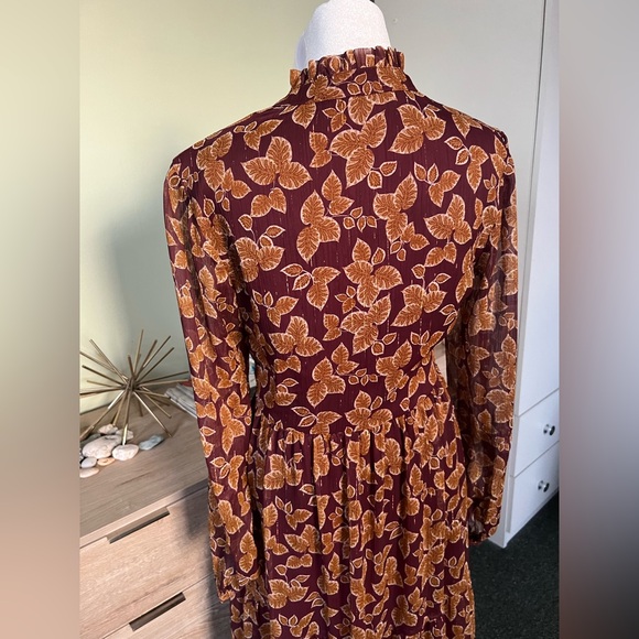 Maroon Orange Autumn Floral Chiffon Mockneck Midi Maxi Fit & Flare Modest Dress - Picture 6 of 17